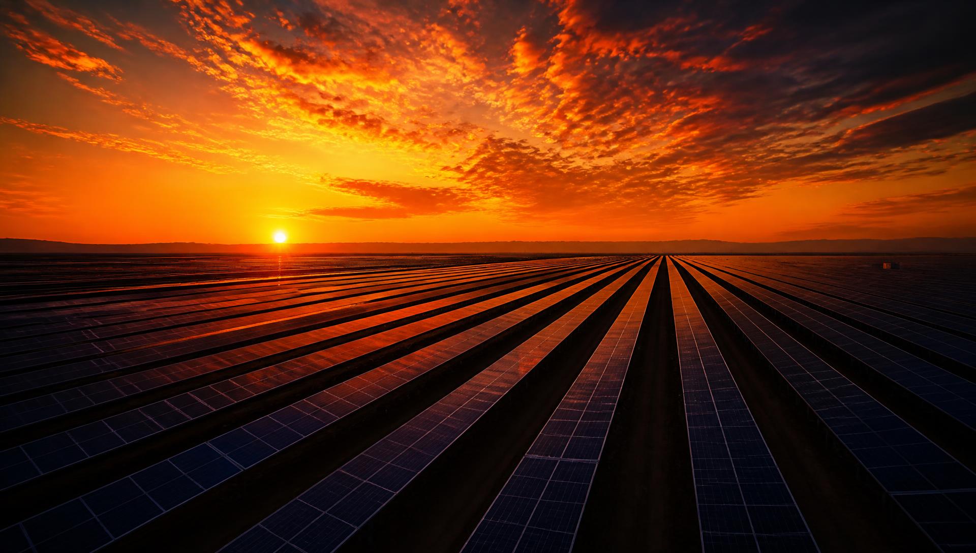Usina de painéis solares ao pôr do sol