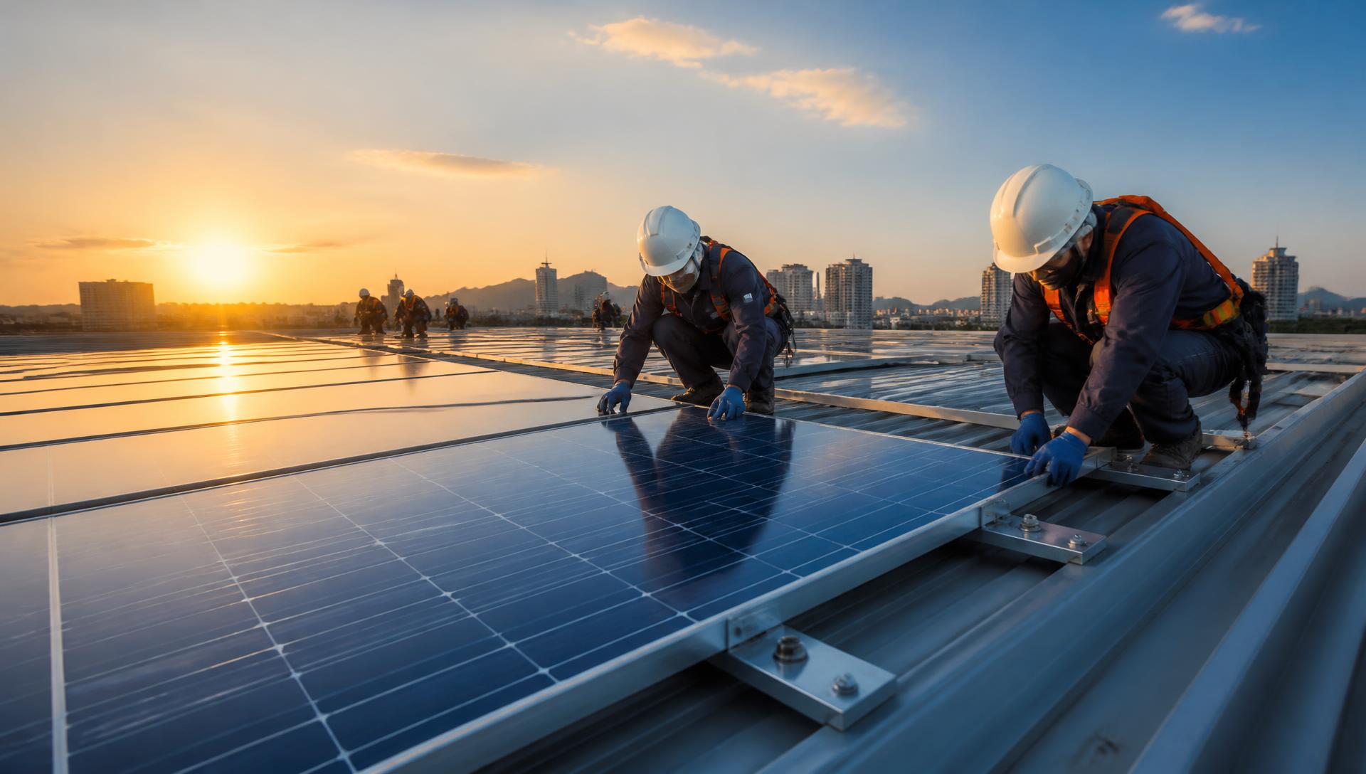 Equipe instalando painéis solares em telhado ao amanhecer